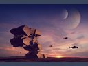 Sci-Fi picture - outpost with two moons, air vehicle and sunset