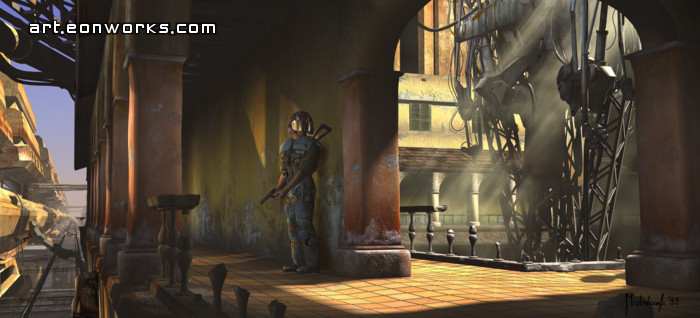 Sci-Fi artwork - post apocalyptic bounty hunter in a future architecture