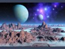 Foggy mountains space landscape with nebula, planets and stars
