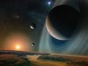 space art featuring planetary sunset and foggy canyon