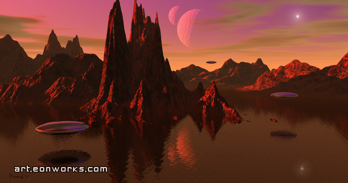 surreal landscape with metallic discs