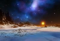 A sunset in a snowy space vista with a nebula