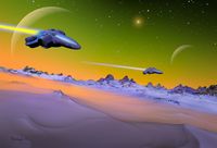 SciFi retro illustration with two vessels and landscape