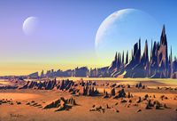 two moons above a desert space landscape