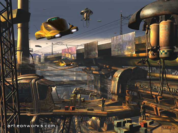 post apocalyptic suburban area in the future with flying cars