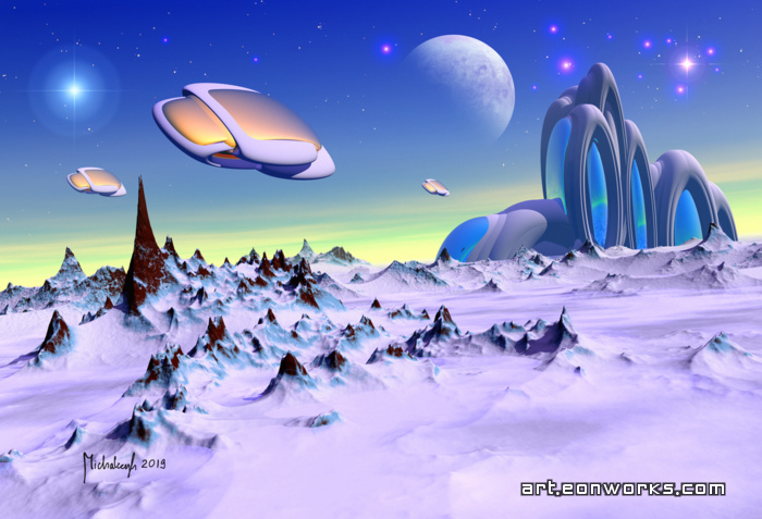 Alien scouts fly away from their base over a snowy landscape