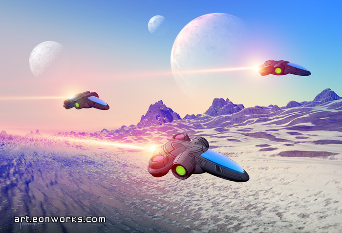Three spaceships fly above a landscape with moons