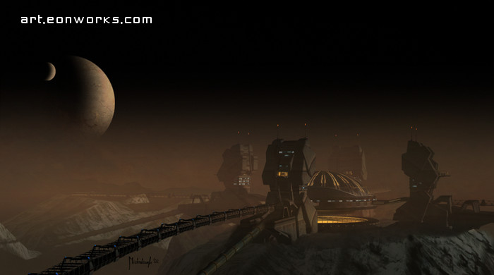relay station complex on a dark planet with moons