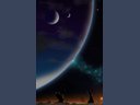cosmic art - blue planet with two moons and sunset