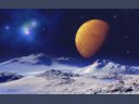 space landscape illustration, blue nebula, orange planet, snowy land