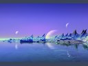 blue space landscape with water like liquid and moons